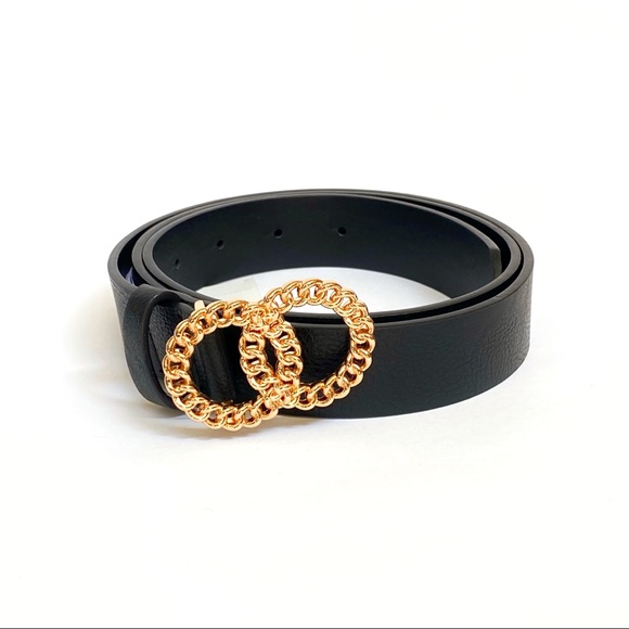 Aldo black vegan leather belt gold chain round overlapping circle buckle - Picture 1 of 7